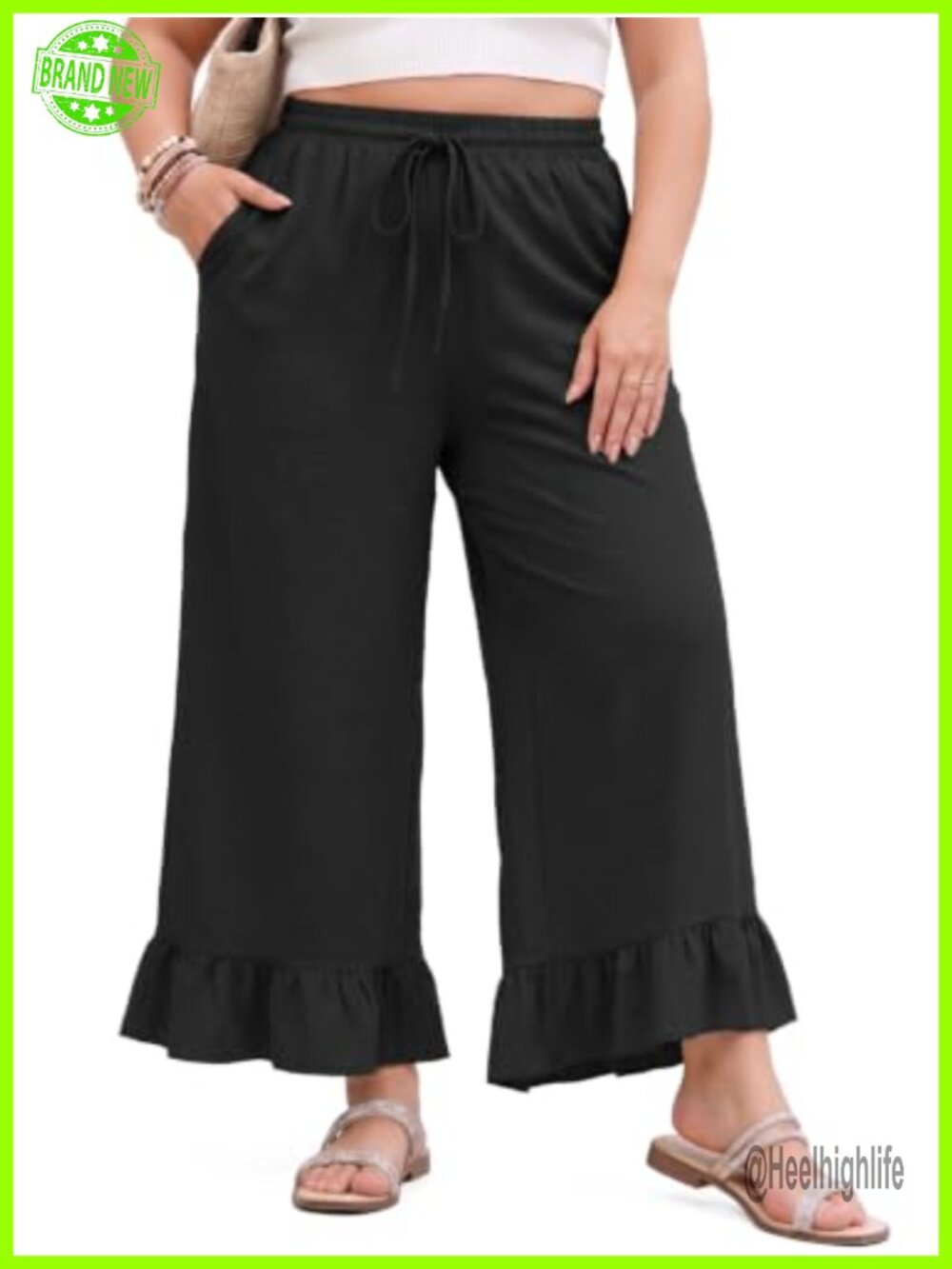 Plus Size High Waist Wide Leg Palazzo Ruffle Hem Pants Pockets